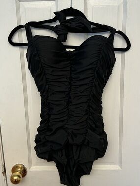 NWT Unique Vintage Black Ruched Mansfield Halter One-Piece Swimsuit Large